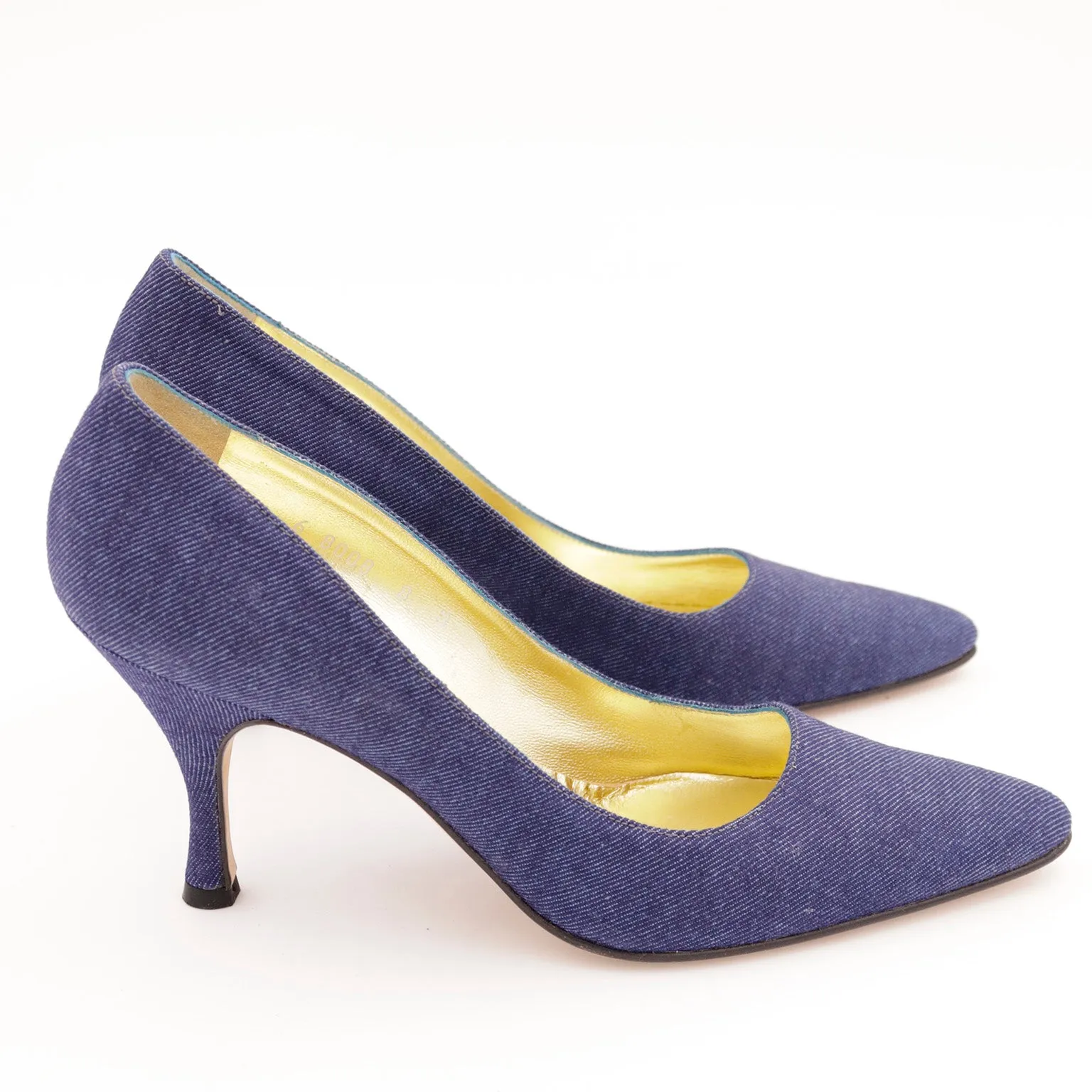 1990s Isaac Mizrahi Shoes Denim Heels Pointed Toe Pumps