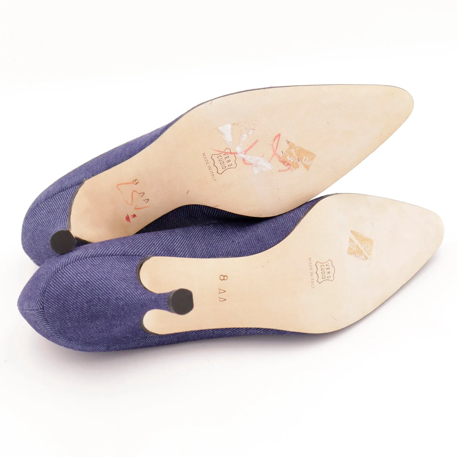 1990s Isaac Mizrahi Shoes Denim Heels Pointed Toe Pumps