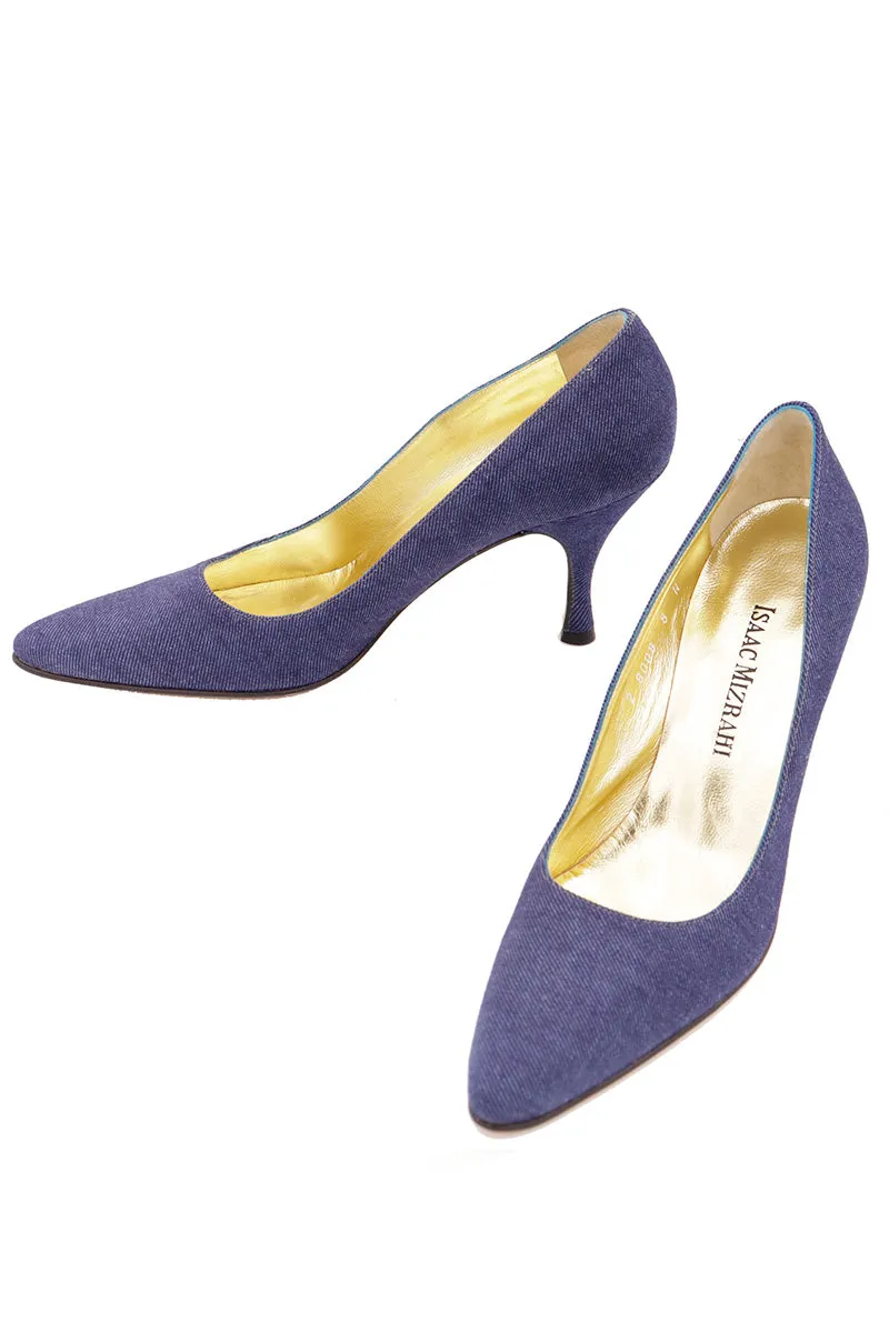 1990s Isaac Mizrahi Shoes Denim Heels Pointed Toe Pumps