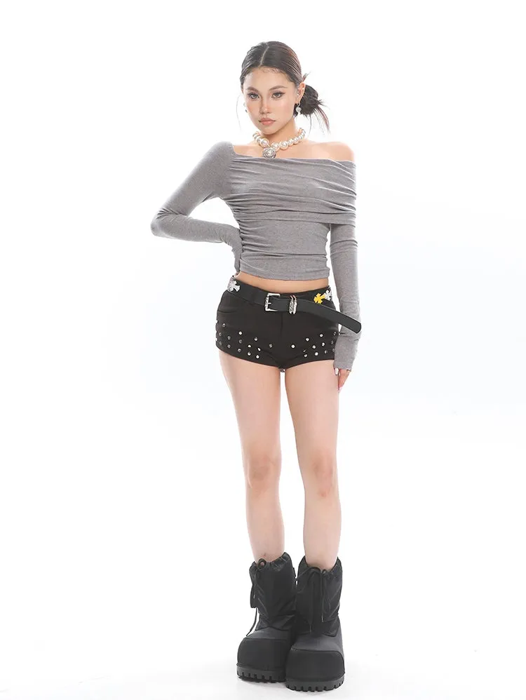Asymmetric Off Shoulder Long Sleeve Crop Top