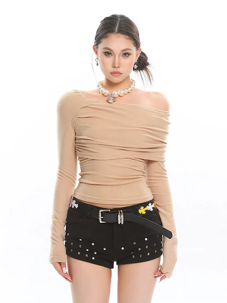 Asymmetric Off Shoulder Long Sleeve Crop Top