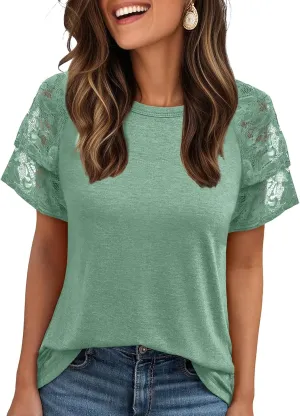 AUTOMET Women Short Sleeve Summer Top 2025 Lace Dressy Casual Business Cute T Shirts Blouse Basic Tee