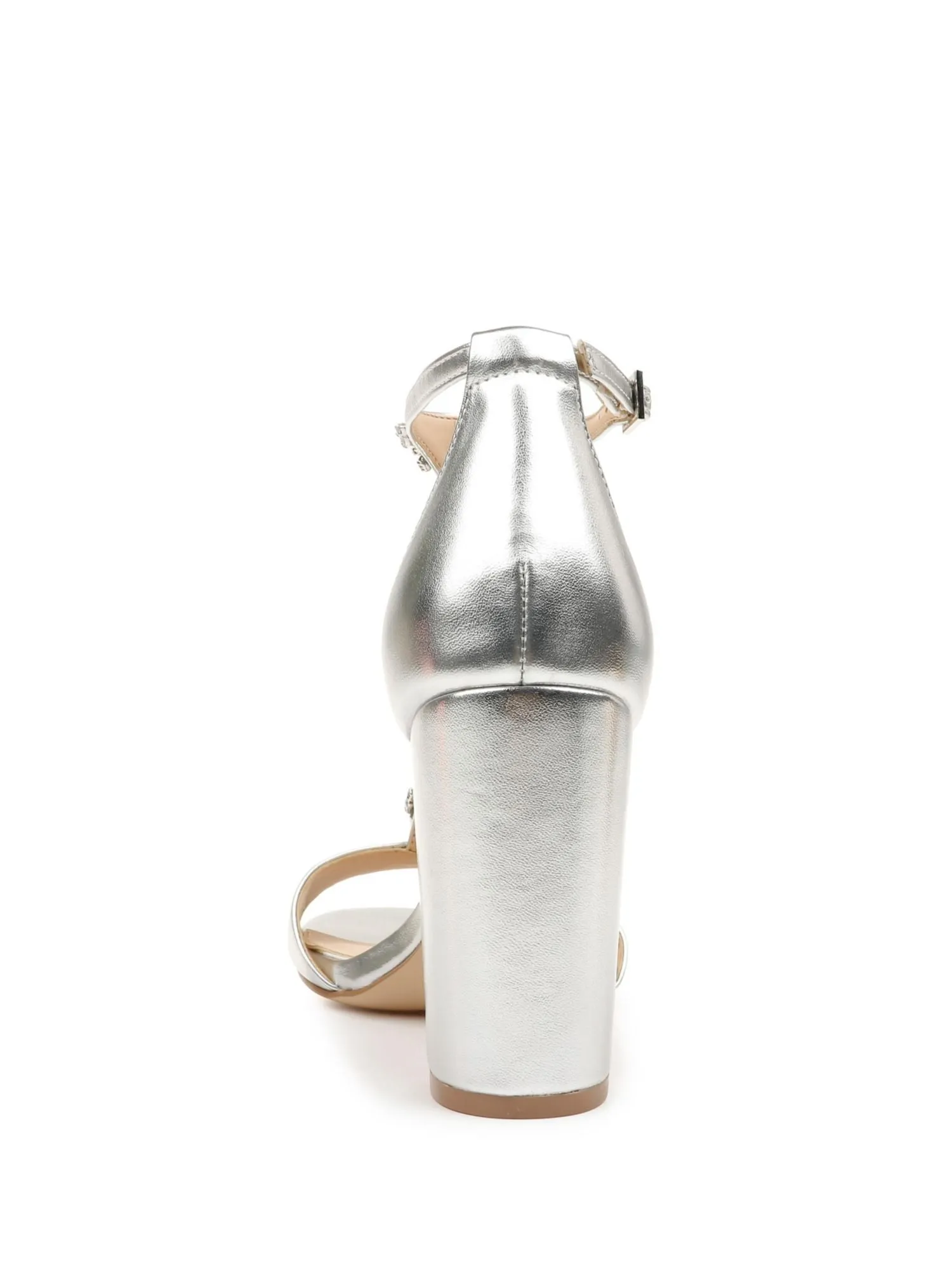 BADGLEY MISCHKA Womens Silver Studded T-Strap 800554922892 Almond Toe Block Heel Buckle Dress Heels Shoes M