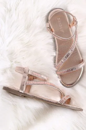 Bamboo Rhinestone Accent Asymmetric Strap Flat Sandal