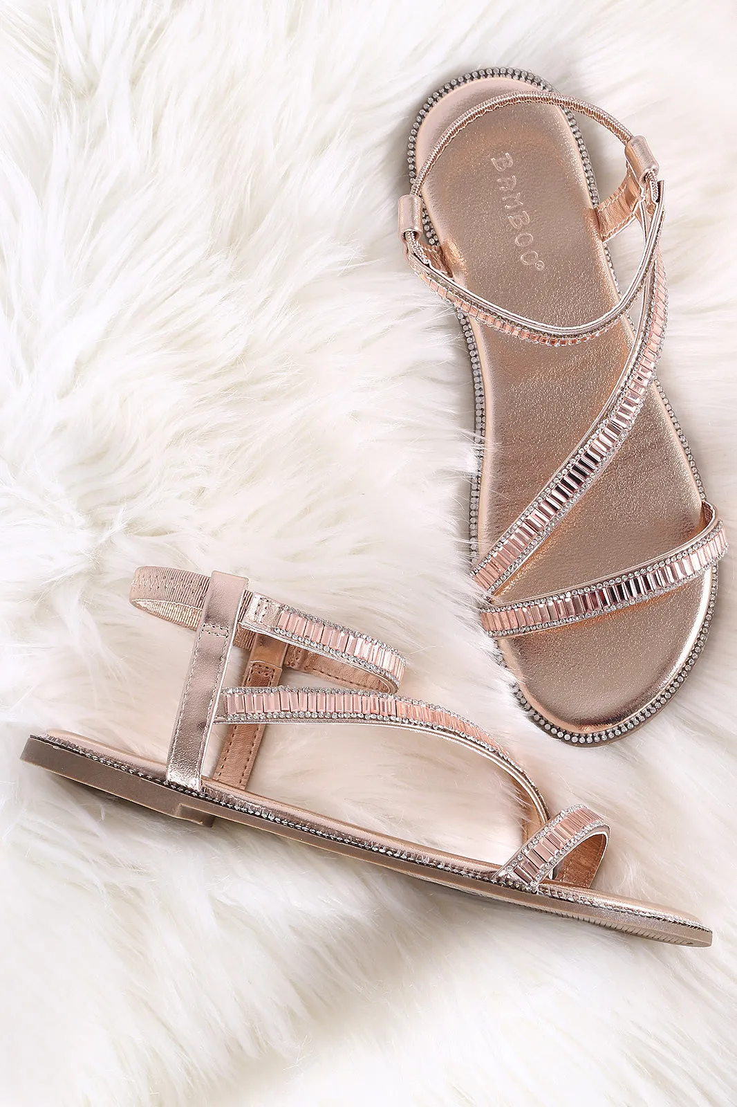 Bamboo Rhinestone Accent Asymmetric Strap Flat Sandal