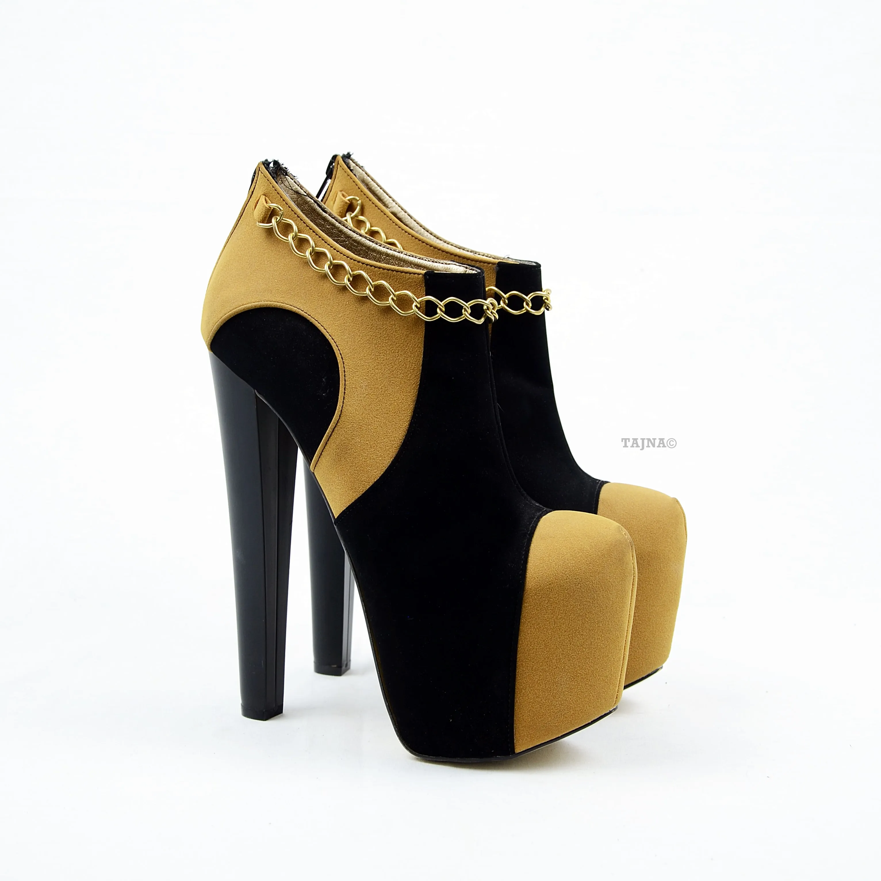 Camel Black Chain Ankle High Heel Platforms