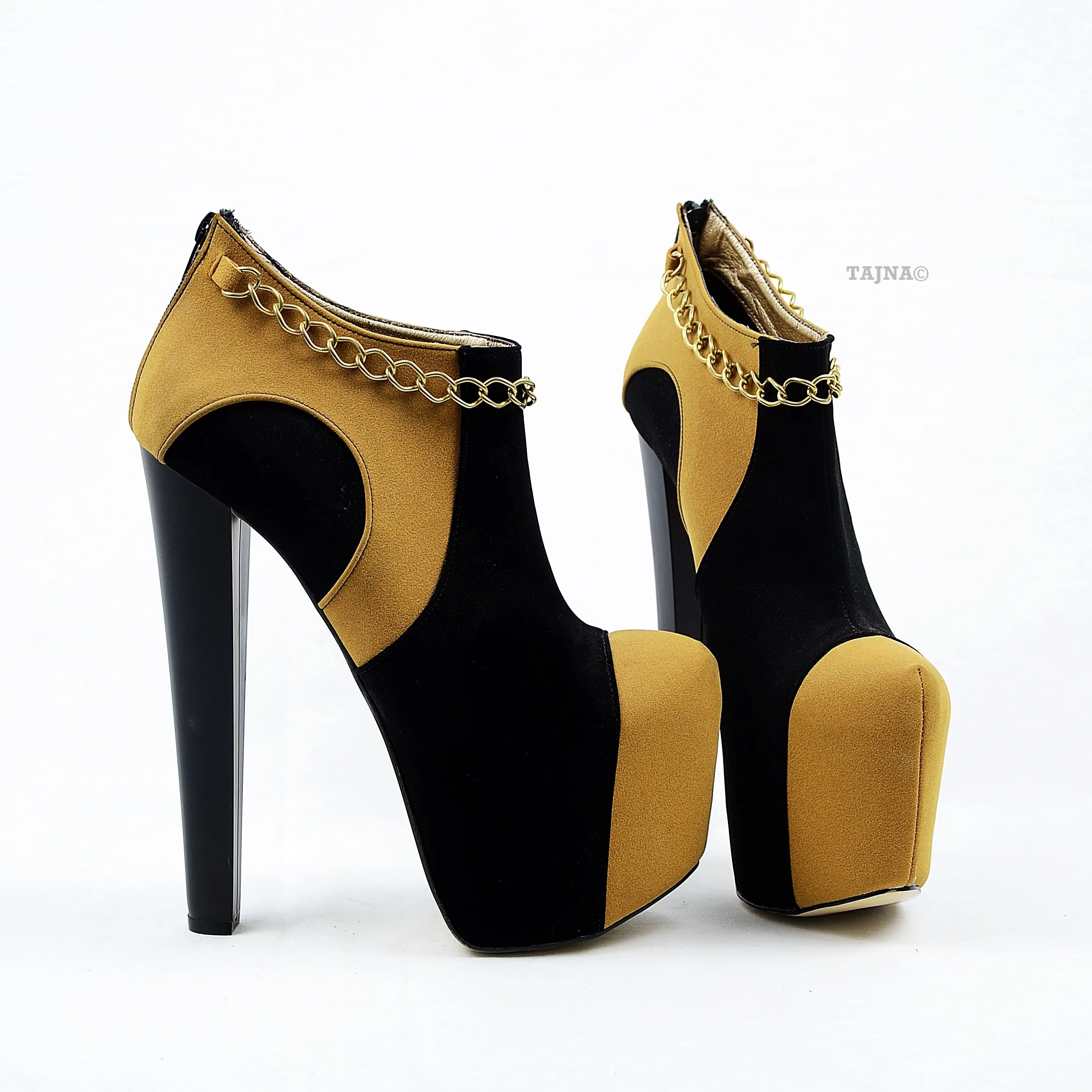 Camel Black Chain Ankle High Heel Platforms