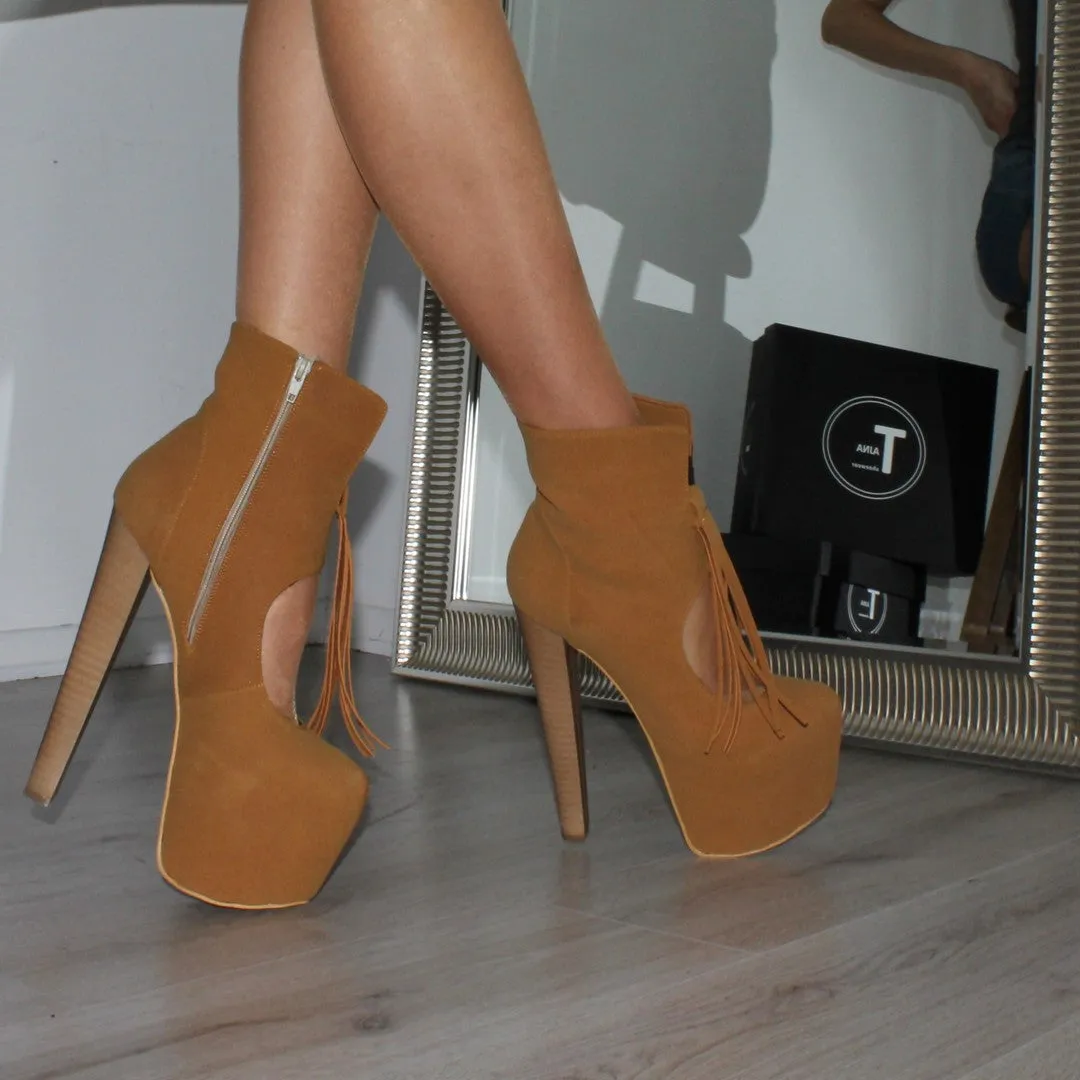 Camel Fringe Platform Ankle Booties