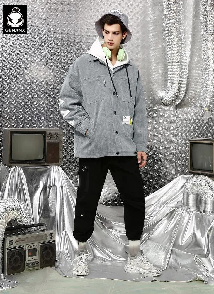 Comic And Letter Printed Applique Corduroy Lapel Jacket