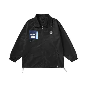 Deconstructed style contrast color printed ribbon detachable buckle zipper pocket jacket