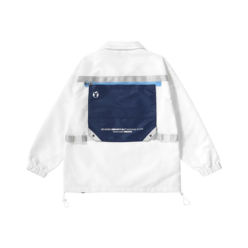 Deconstructed style contrast color printed ribbon detachable buckle zipper pocket jacket