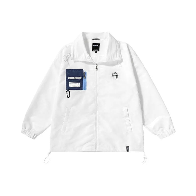Deconstructed style contrast color printed ribbon detachable buckle zipper pocket jacket