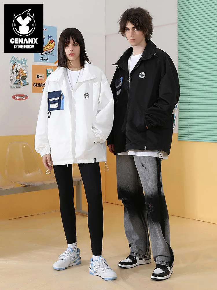 Deconstructed style contrast color printed ribbon detachable buckle zipper pocket jacket