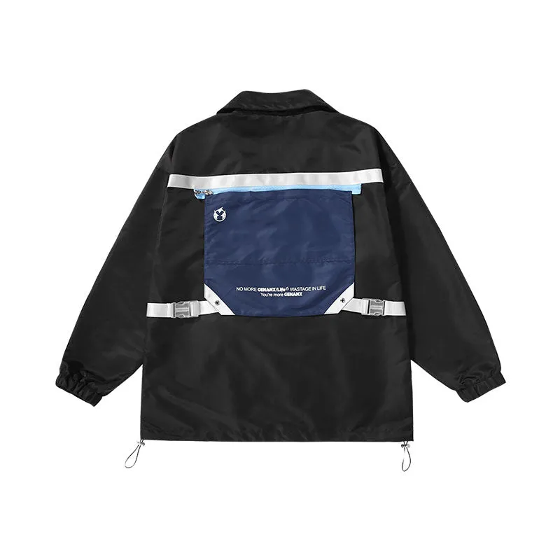 Deconstructed style contrast color printed ribbon detachable buckle zipper pocket jacket