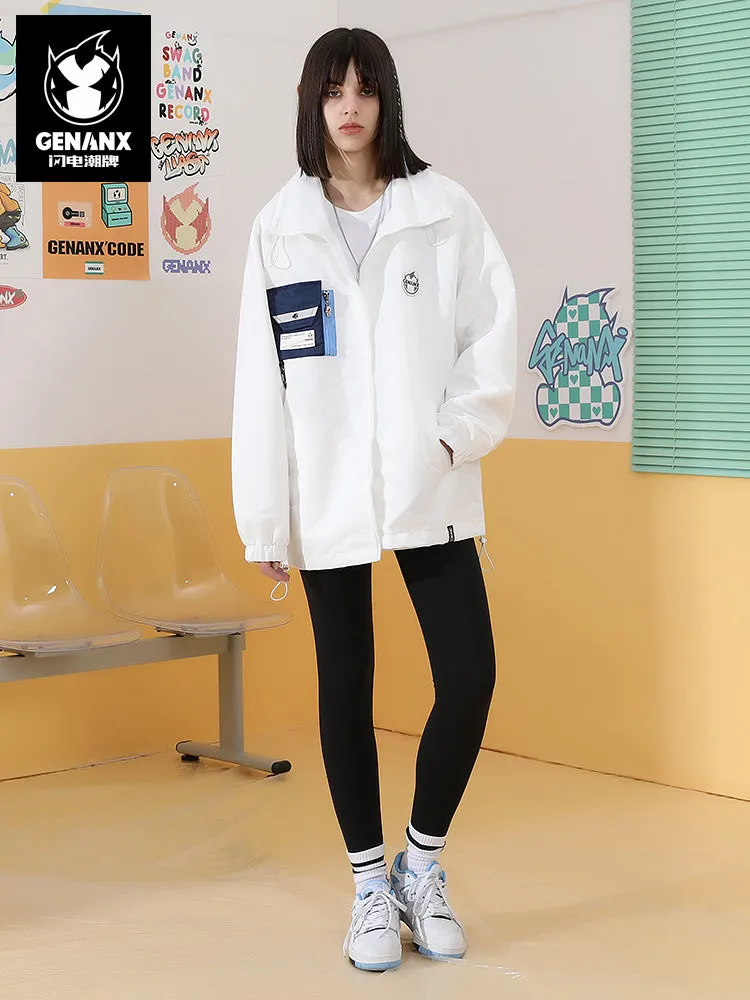 Deconstructed style contrast color printed ribbon detachable buckle zipper pocket jacket