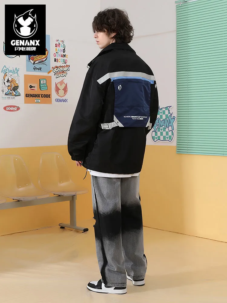 Deconstructed style contrast color printed ribbon detachable buckle zipper pocket jacket