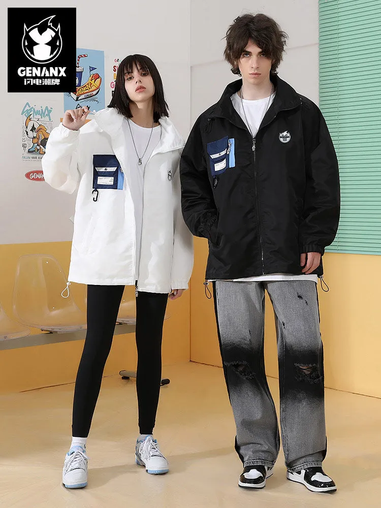 Deconstructed style contrast color printed ribbon detachable buckle zipper pocket jacket