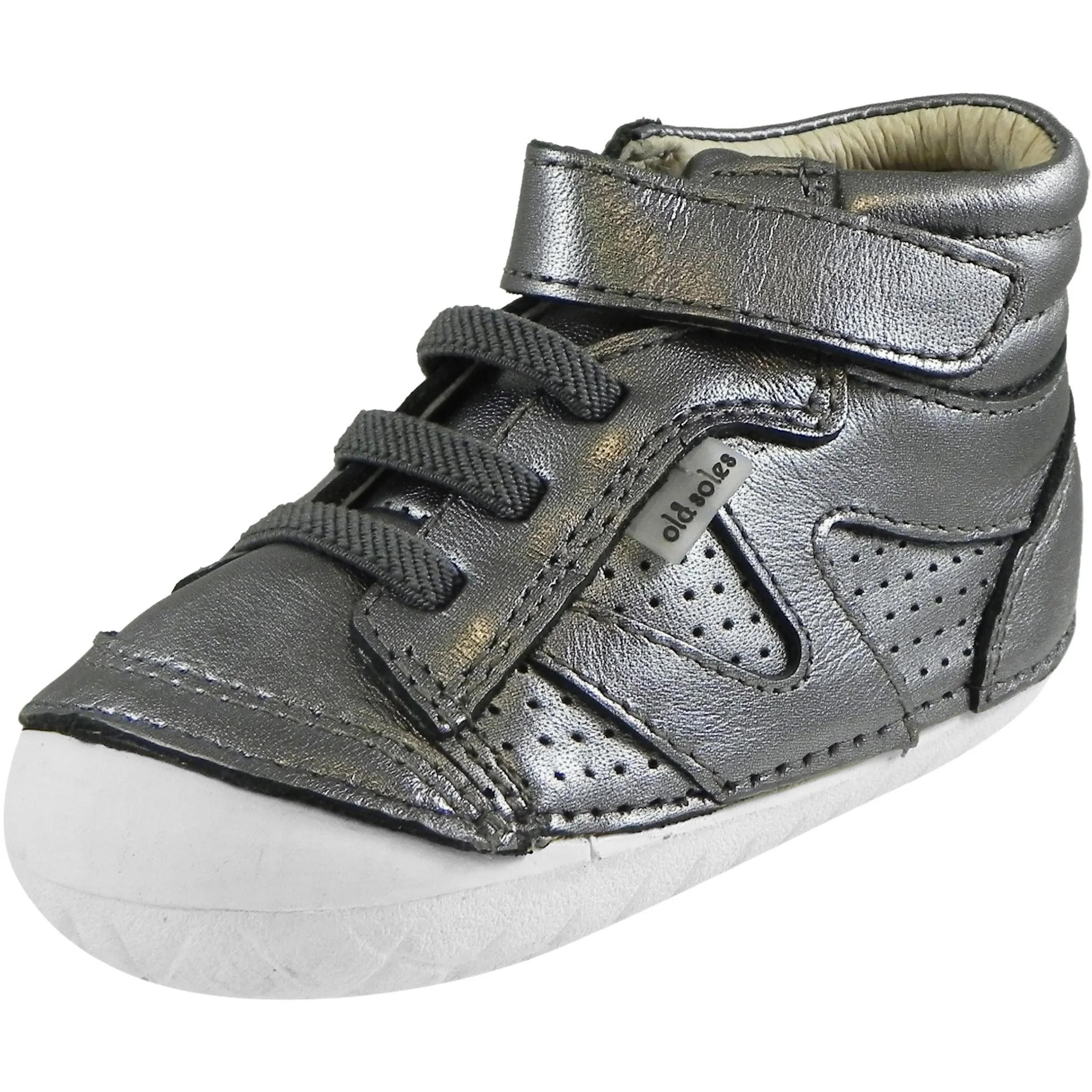 Old Soles Girl's Pave Leader Rich Silver Leather Elastic Laces Velcro Slip on Sneaker