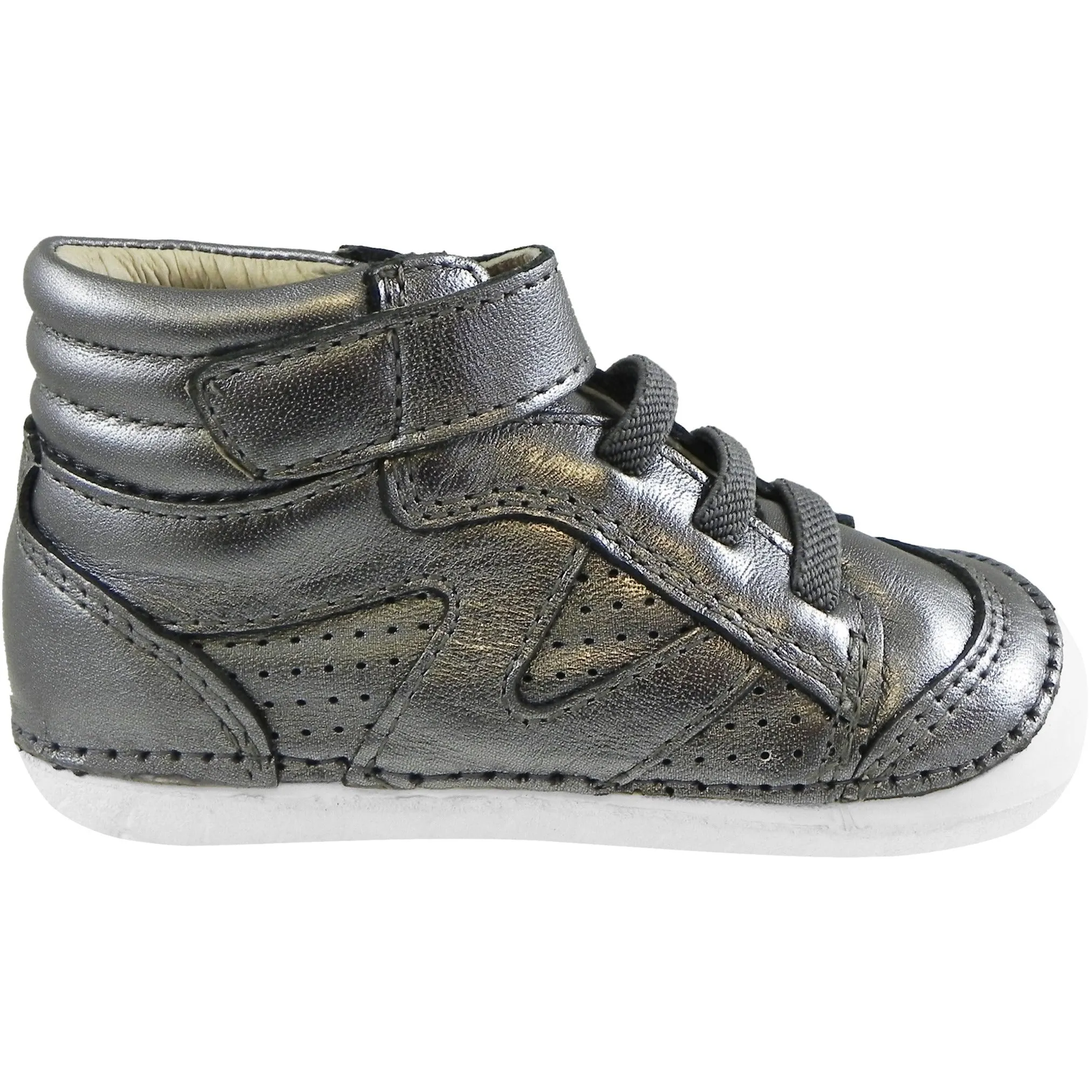 Old Soles Girl's Pave Leader Rich Silver Leather Elastic Laces Velcro Slip on Sneaker
