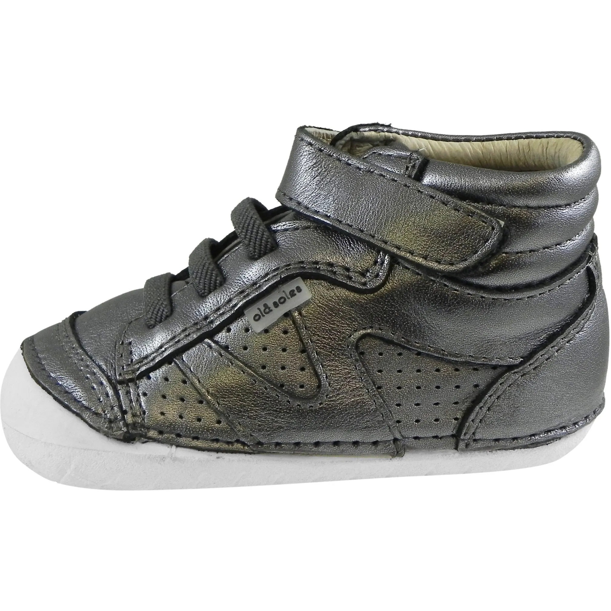 Old Soles Girl's Pave Leader Rich Silver Leather Elastic Laces Velcro Slip on Sneaker