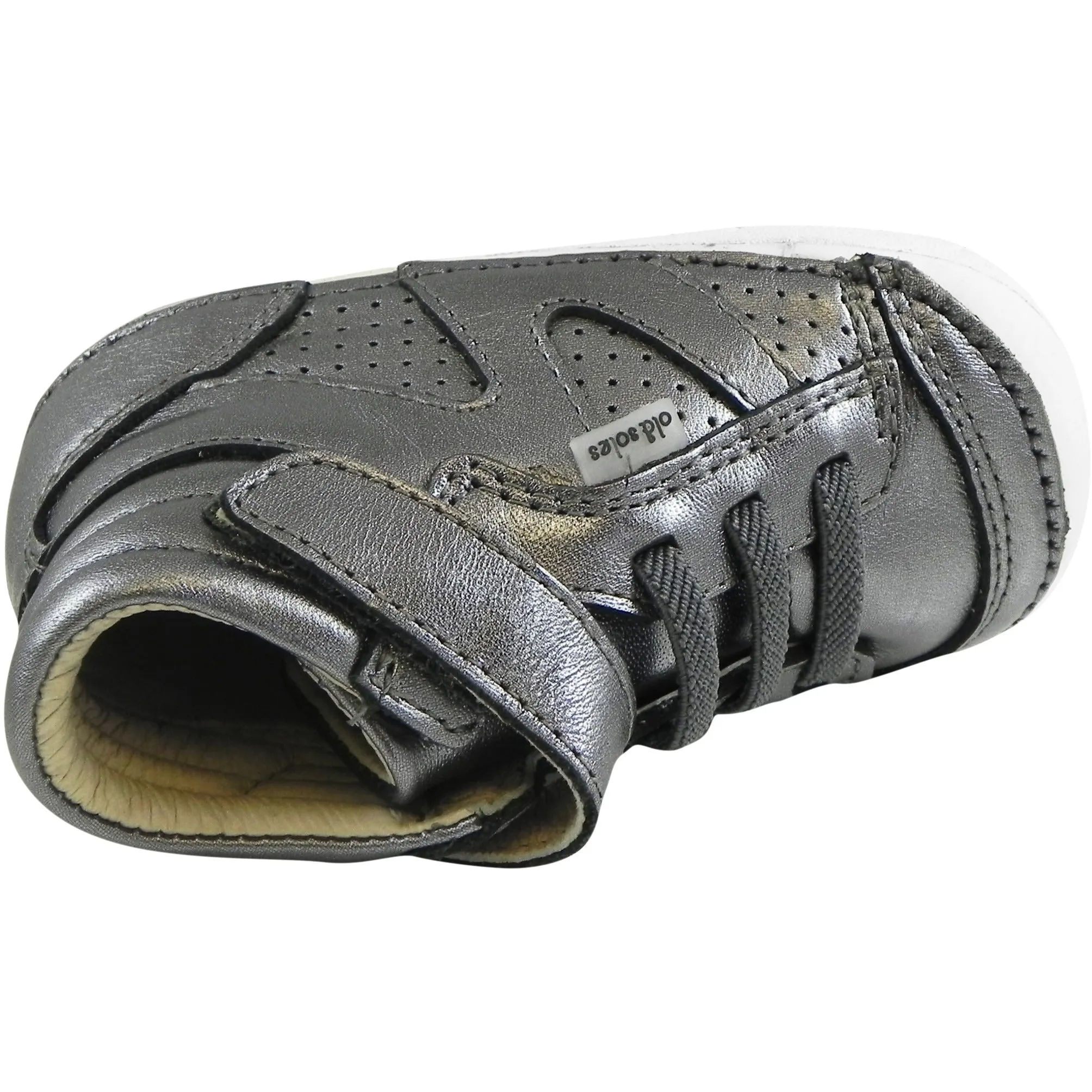 Old Soles Girl's Pave Leader Rich Silver Leather Elastic Laces Velcro Slip on Sneaker