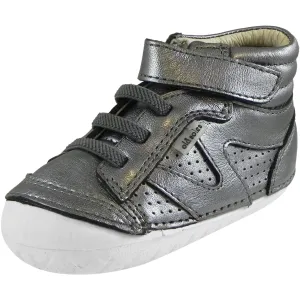 Old Soles Girl's Pave Leader Rich Silver Leather Elastic Laces Velcro Slip on Sneaker