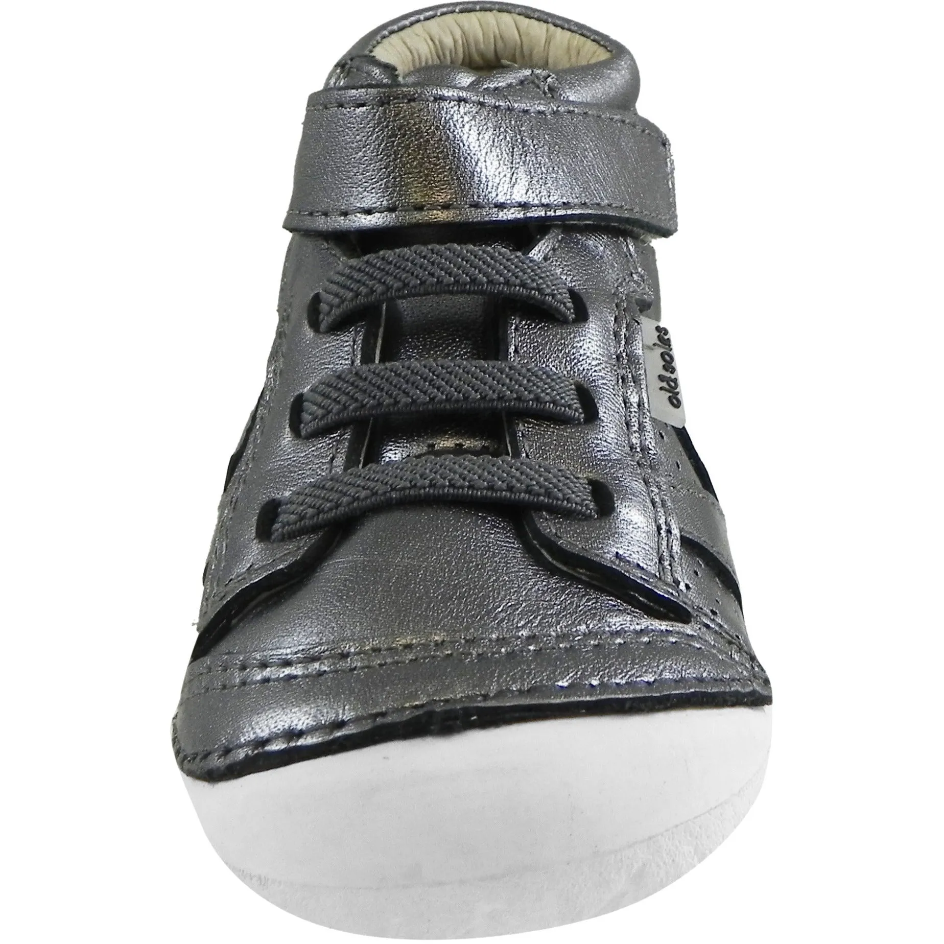 Old Soles Girl's Pave Leader Rich Silver Leather Elastic Laces Velcro Slip on Sneaker